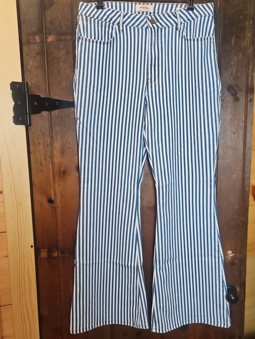 Wrangler Blue & White Vertical Stripe High Rise Fierce Flare Jeans